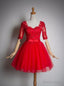 Red Lace Short Sleeves Tulle Knee Length Prom Dress, Red Short Prom Dresses