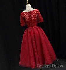 Red Lace Top Short Sleeves Tulle Tea Length Party Dress, Red Wedding Party Dress