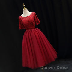 Red Lace Top Short Sleeves Tulle Tea Length Party Dress, Red Wedding Party Dress