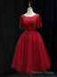 Red Lace Top Short Sleeves Tulle Tea Length Prom Dress, Red Wedding Prom Dresses