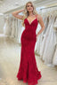 Red Lace V Neck Mermaid Prom Dresses