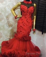 Red Layered Appliques Mermaid Prom Dresses
