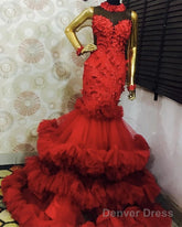 Red Layered Appliques Mermaid Prom Dresses