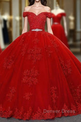 Red Long Princess Off the Shoulder Tulle Lace Wedding Dresses