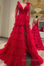 Red Long Prom Dresses Princess A Line V Neck Party Evening Dresses with Ruffles