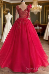 Red Long Sleeve V Neck Beading Flower Tulle Prom Formal Dresses