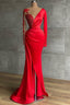 Red Long Sleeve V Neck Mermaid Prom Dresses Online With Beadings