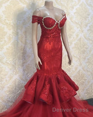 Red Mermaid Appliques Prom Dresses Off Shoulder