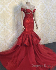 Red Mermaid Appliques Prom Dresses Off Shoulder