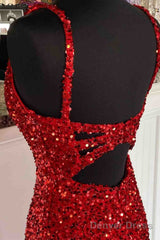 Red Mermaid Cheap Long Prom Gowns Side Slit V-Neck Formal Evening Dress