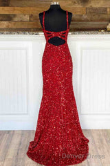 Red Mermaid Cheap Long Prom Gowns Side Slit V-Neck Formal Evening Dress