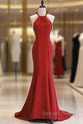 Red Mermaid Halter Long Evening Dresses, Red Backless Formal Dresses Prom Dresses