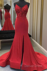 Red Mermaid Llong Prom Dresses Appliques Slit Evening Dresses
