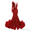 Red Mermaid One Sleeve Prom Dress Sequined Lace Jewel Ruffles Prom Dresses with Appliques