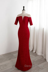 Red Mermaid Round Neckline Short Sleeves Party Dresses, Red Evening Gown
