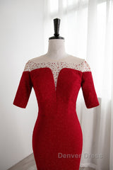 Red Mermaid Round Neckline Short Sleeves Party Dresses, Red Evening Gown