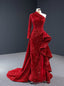 Red Mermaid Sequins Long Sleeve Backless High Neck Pleats Prom Dresses