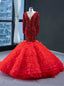 Red Mermaid Sequins Tulle Long Sleeve V Neck Prom Dresses