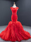 Red Mermaid Tulle Cap Sleeve Beading Sequins Backless Prom Dresses