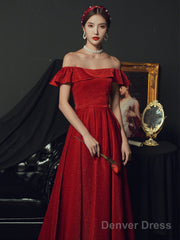 Red Off Shoulder A-Line Long Party Dress Formal Dress, Red Long Prom Dress