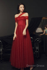 Red Off Shoulder Tulle Long Party Dress, Red A-Line Tulle Formal Dress Prom Dress