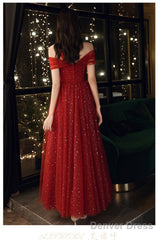 Red Off Shoulder Tulle Long Party Dress, Red A-Line Tulle Formal Dress Prom Dress