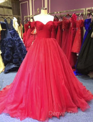 Red Off Shoulder Tulle Prom Gown, Sweet 16 Party Gown, Charming Red Formal Dresses