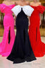 Red Off The Shoulder Bow Mermaid Prom Gowns with Slit