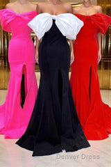 Red Off-the-Shoulder Bow Mermaid Prom Gown with Slit