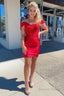 Red Off the Shoulder Tight Short Homecoming Dresses with Lace