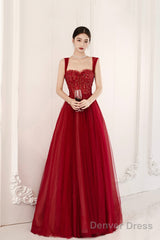 Red Off The Shoulder Tulle Long Formal Evening Dress, A-Line Sequins Party Dress