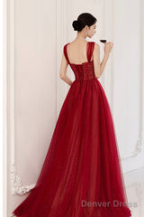 Red Off The Shoulder Tulle Long Formal Evening Dress, A-Line Sequins Party Dress