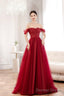 Red Off The Shoulder Tulle Long Prom Dress, A-Line Sequins Prom Dresses