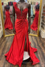Red One Shoulder 3D Floral Lace Pleated Long Gowns with Slit
