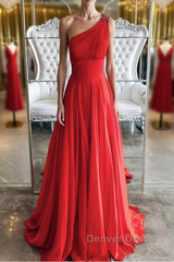 Red one shoulder long prom Dresses red evening Dresses