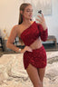 Red One Shoulder Sequins Cut Out Homecoming Dresses