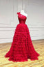 Red One Shoulder Tulle Layers Long Prom Dress with Lace, A Line Prom Dresses