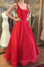 Red Prom Dress, A Line Square Neckline Regular Straps Long Floor Length Satin Prom Dresses