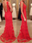 Red Prom Dress, Sheath Column V Neck Sleeveless Sweep Train Lace Prom Dresses With Appliqued