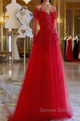 Red round neck tulle lace long prom Dresses, red evening Dresses