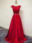 Red Satin and Lace Round Neckline Prom Gowns, A Line Prom Gowns