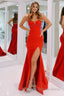 Red Satin Beaded Mermaid Prom Dresses With Split