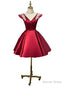 Red Satin Cap Sleeve V Neck Homecoming Dresses