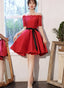 Red Satin Knee Length With Lace Prom Dress, Red Short Homecoming Dresses