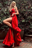 Red Satin Lace up A Line Prom Dresses with Slit