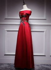 Red Satin Long A-line Prom Dress Off Shoulder Party Dress, Red Bridesmaid Dress