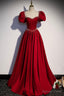 Red Satin Long Prom Dress, Cute Short Sleeve Prom Graduation Dresses