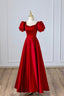 Red Satin Long Prom Dress, Simple A Line Short Sleeve Prom Dresses