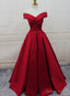 Red Satin Off Shoulder Handmade Long Prom Dresses, Handmade Red Prom Gowns