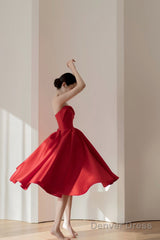 Red Satin Short A-Line Prom Dress, Red Strapless Homecoming Party Dress